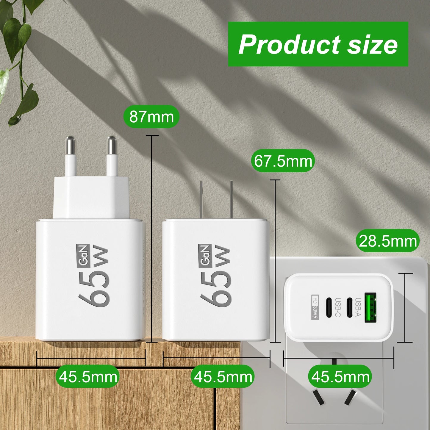 65W GaN USB Fast Charging Type C PD Charger Quick Charge Mobile Phone