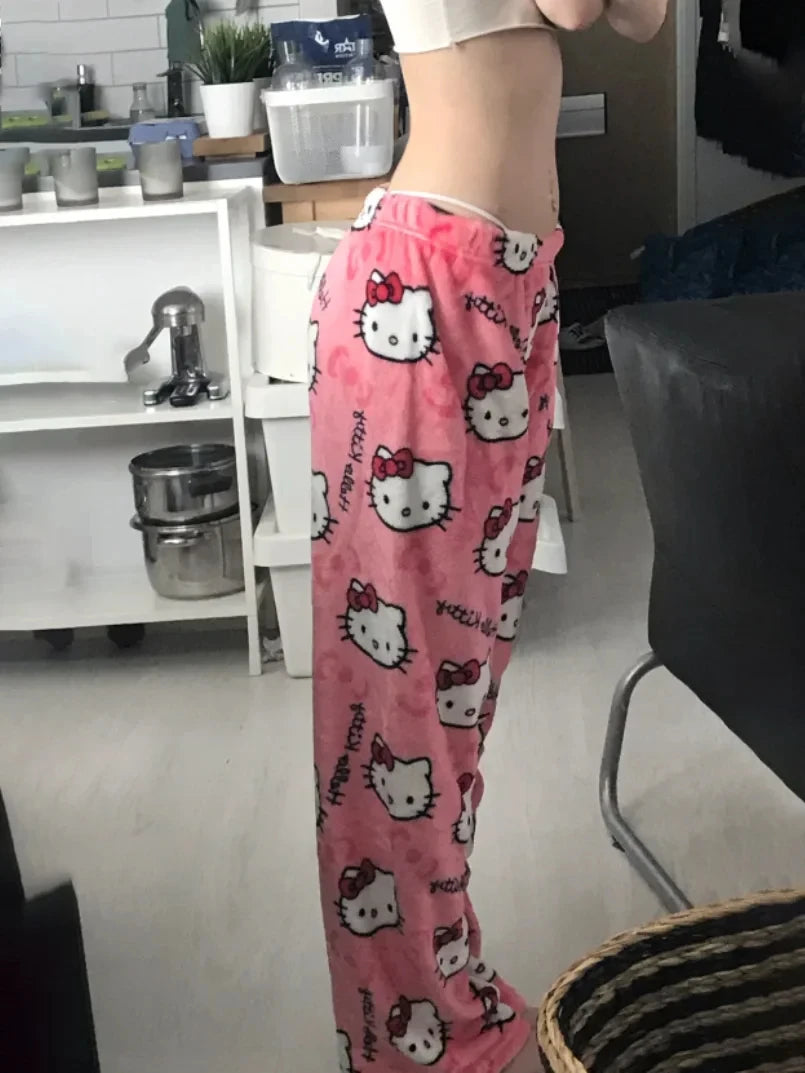 Sanrio Hello Kitty Flannel Pajamas  Y2k Kawaii Anime Women'S Warm