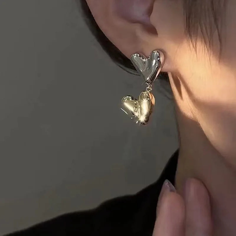 2024 New Fashion Punk Gold Sliver Color Heart Earring For Women