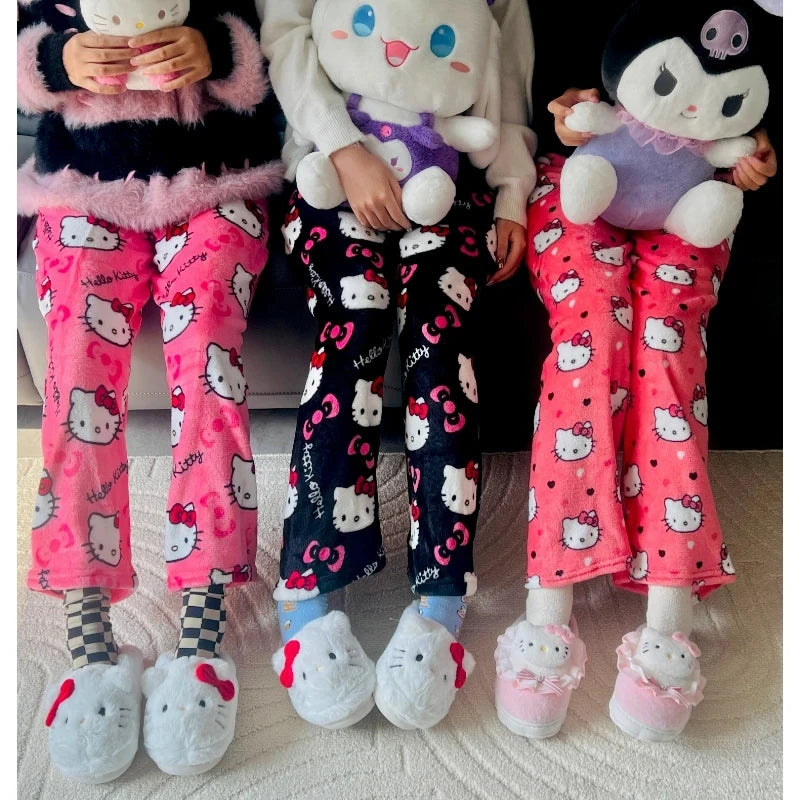 Sanrio Hello Kitty Flannel Pajamas  Y2k Kawaii Anime Women'S Warm