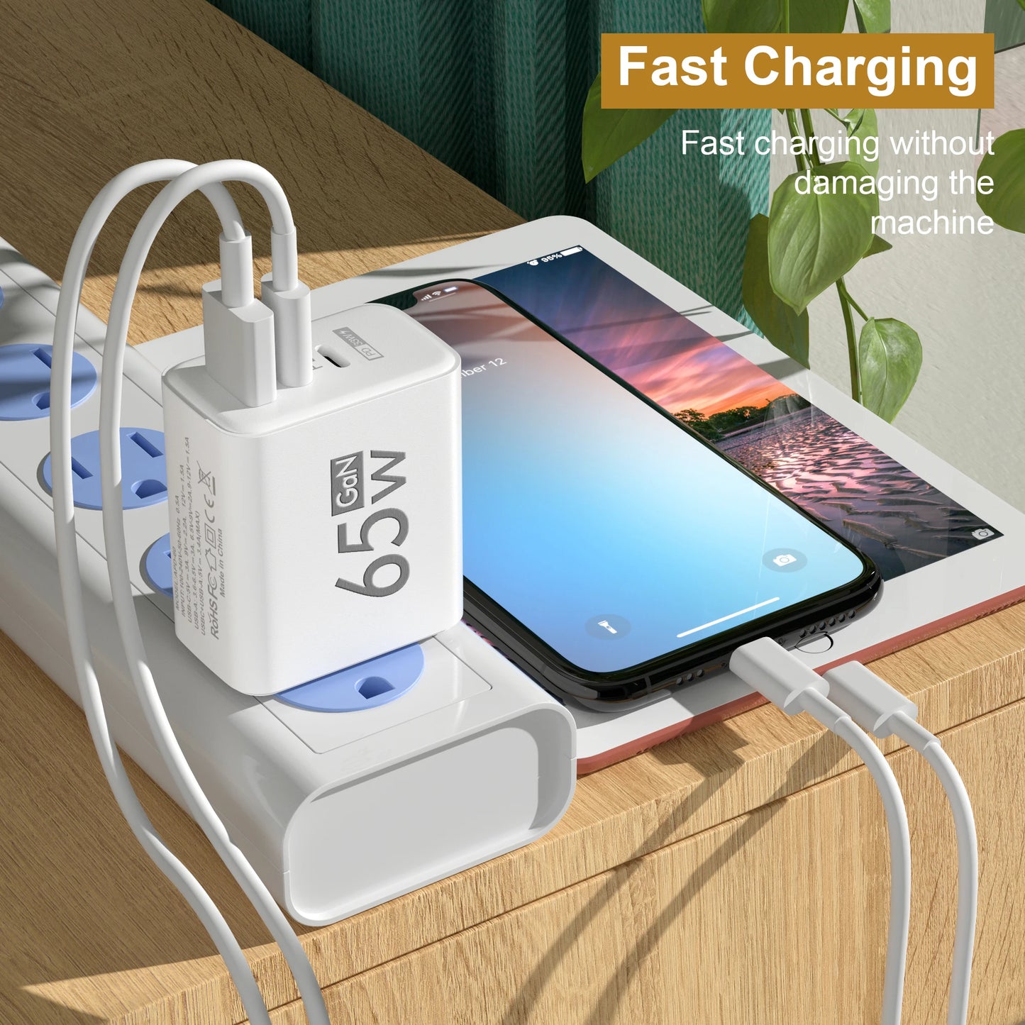 65W GaN USB Fast Charging Type C PD Charger Quick Charge Mobile Phone