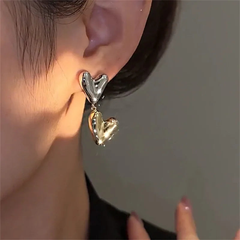 2024 New Fashion Punk Gold Sliver Color Heart Earring For Women